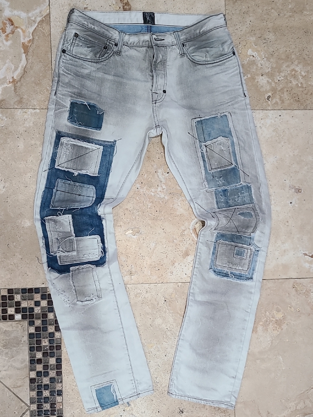 PRPS Men’s Light Wash Jeans with Blue Patchwork